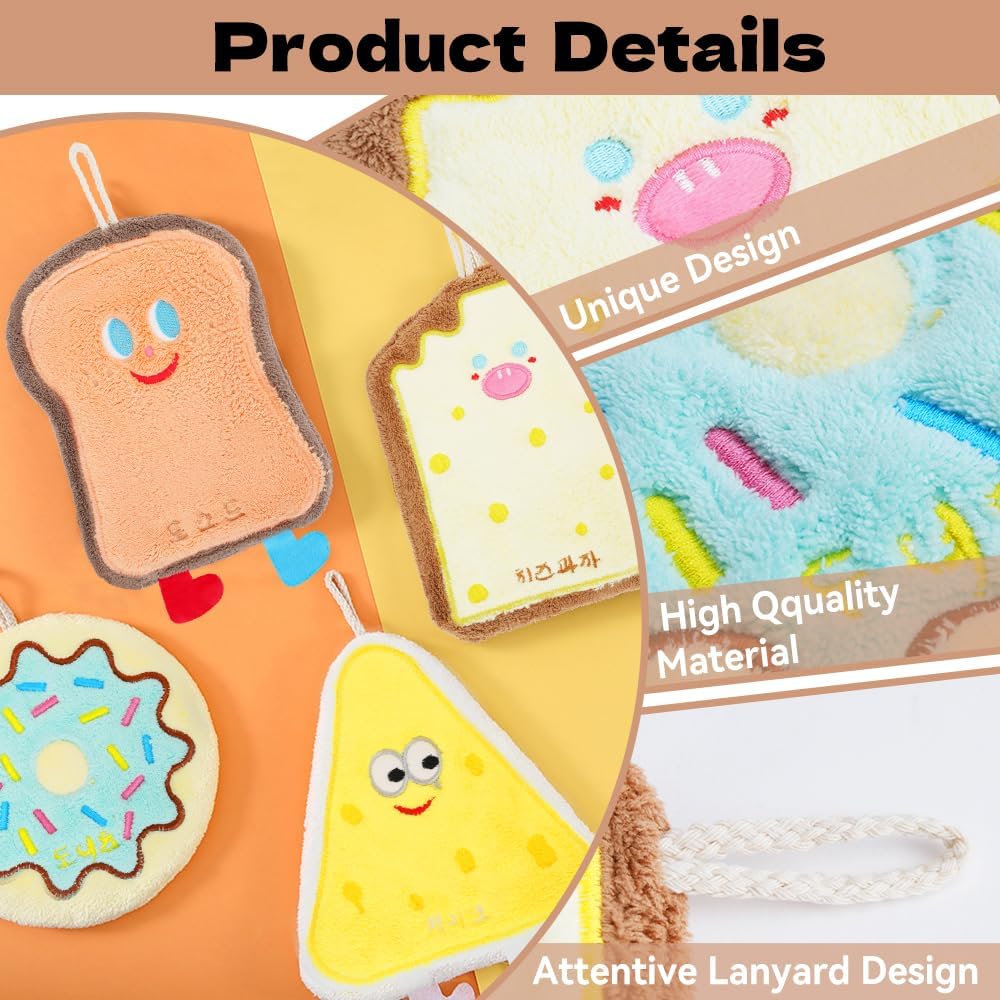 4 Pcs Cute Hand Towel with Hanging Loop, Soft Absorbent Coral Fleece Creative Hand Towels, Quick Dry Cheese Toast Cracker Donuts Cartoon Theme Gadgets for Kitchen, Bathroom