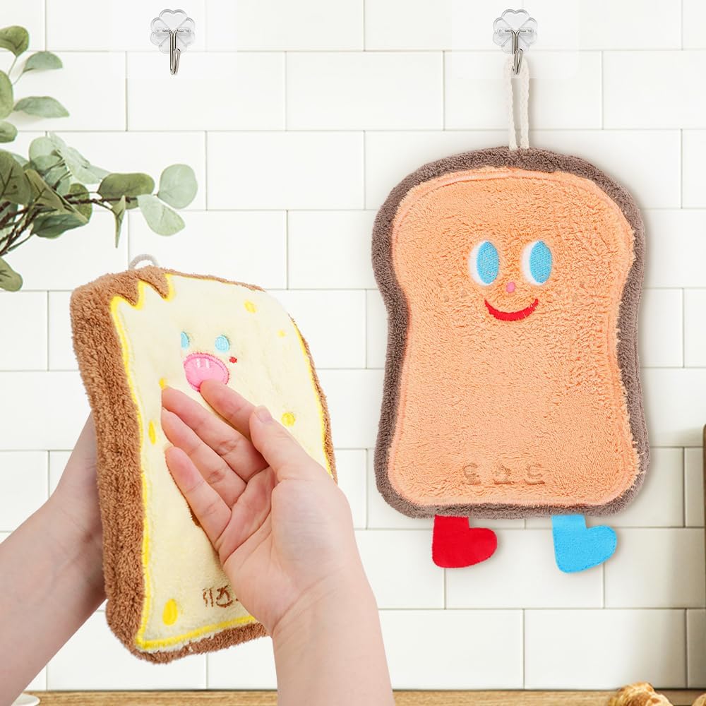 4 Pcs Cute Hand Towel with Hanging Loop, Soft Absorbent Coral Fleece Creative Hand Towels, Quick Dry Cheese Toast Cracker Donuts Cartoon Theme Gadgets for Kitchen, Bathroom