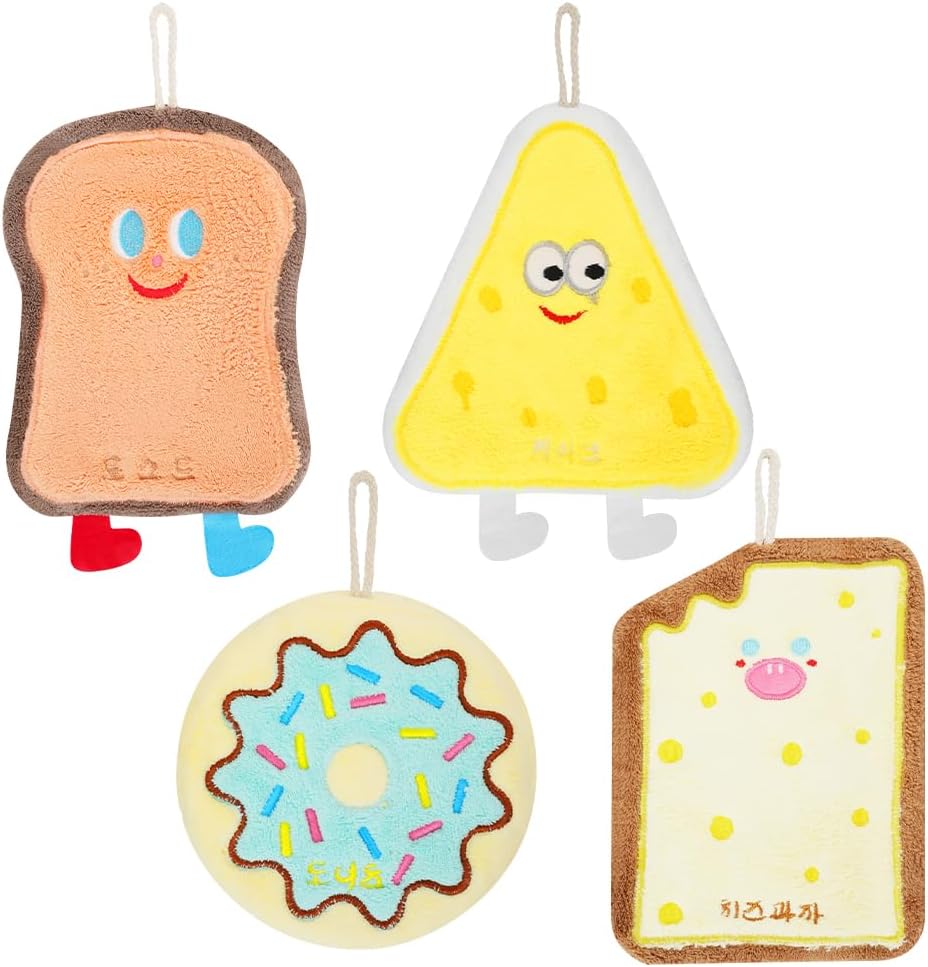 4 Pcs Cute Hand Towel with Hanging Loop, Soft Absorbent Coral Fleece Creative Hand Towels, Quick Dry Cheese Toast Cracker Donuts Cartoon Theme Gadgets for Kitchen, Bathroom