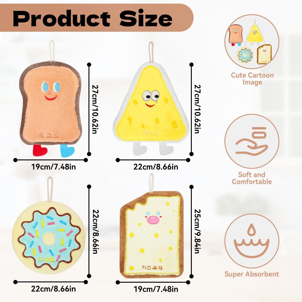 4 Pcs Cute Hand Towel with Hanging Loop, Soft Absorbent Coral Fleece Creative Hand Towels, Quick Dry Cheese Toast Cracker Donuts Cartoon Theme Gadgets for Kitchen, Bathroom