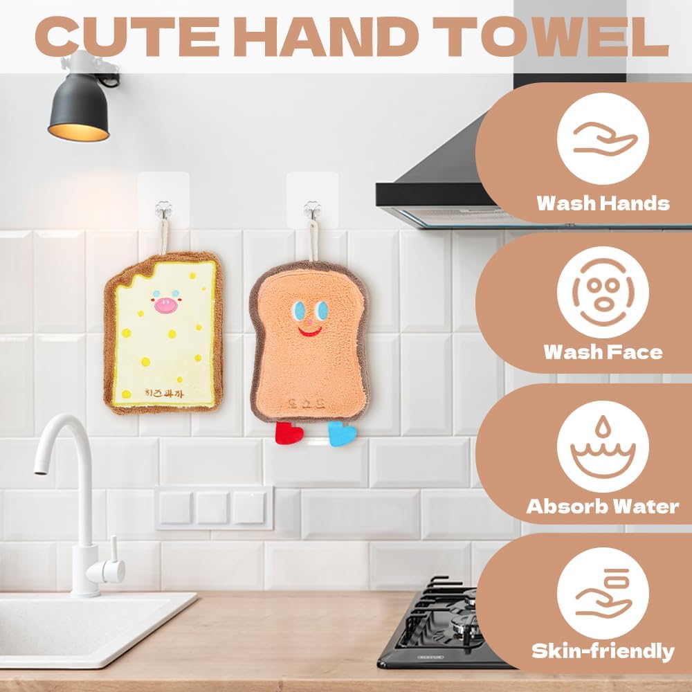 4 Pcs Cute Hand Towel with Hanging Loop, Soft Absorbent Coral Fleece Creative Hand Towels, Quick Dry Cheese Toast Cracker Donuts Cartoon Theme Gadgets for Kitchen, Bathroom
