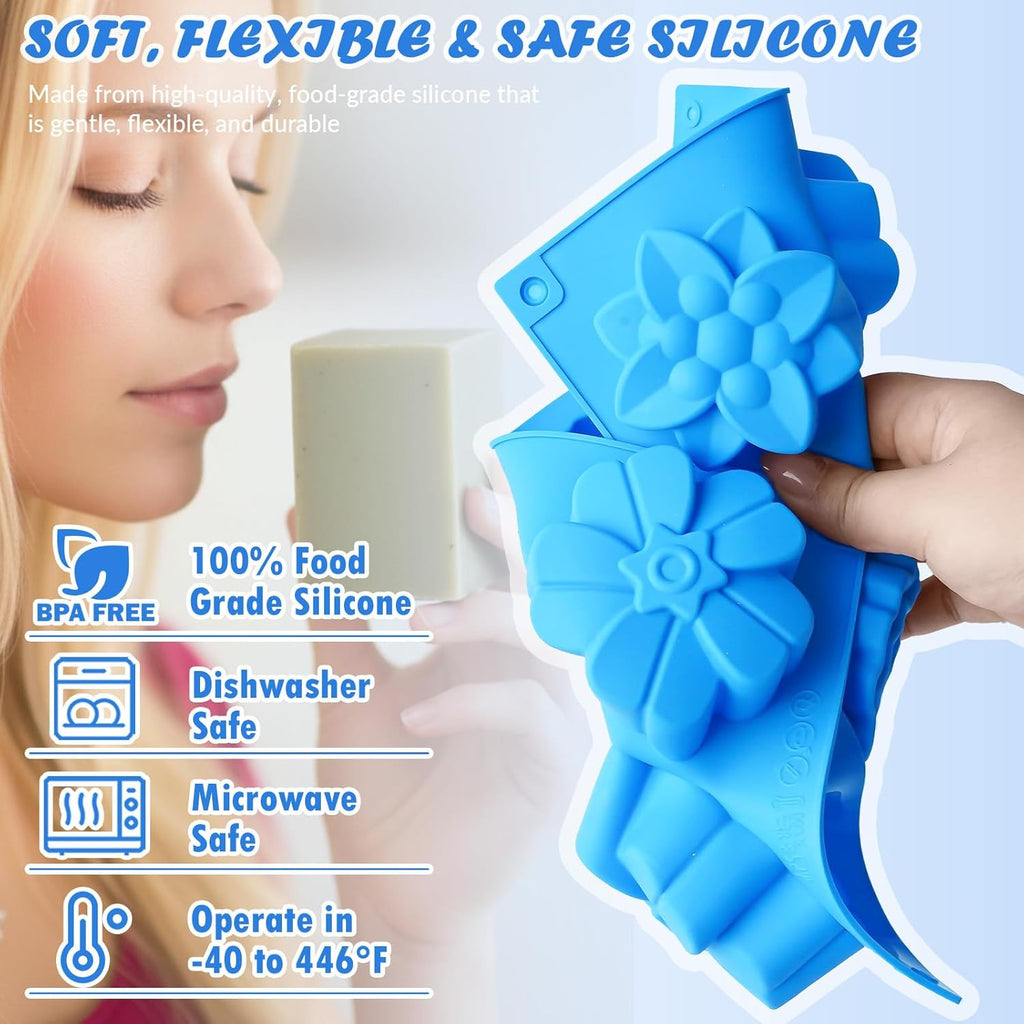 HKNMTT Square Flower Rectangle Bar Molds Silicone, 7 Shapes for Chocolate Soap Making Shower Steamer Homemade Bath Bomb Lotion Shampoo Bar Dessert DIY Set Non-stick Craft Food Grade 3 Pack