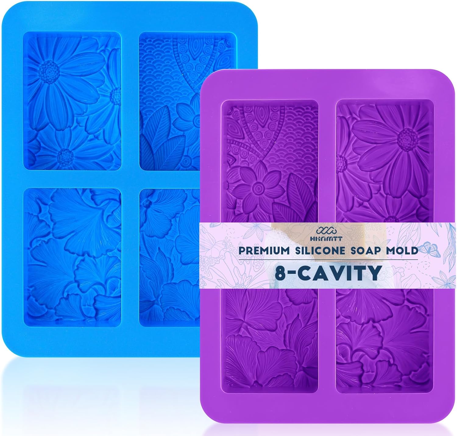 HKNMTT Silicone Square Rectangle Bar Molds Leaf Flower Pattern, 8 Cavities for Candy Soap Making Shower Steamer Homemade Bath Lotion Shampoo Bar DIY Set Non-stick Craft Food Grade 2 Pack