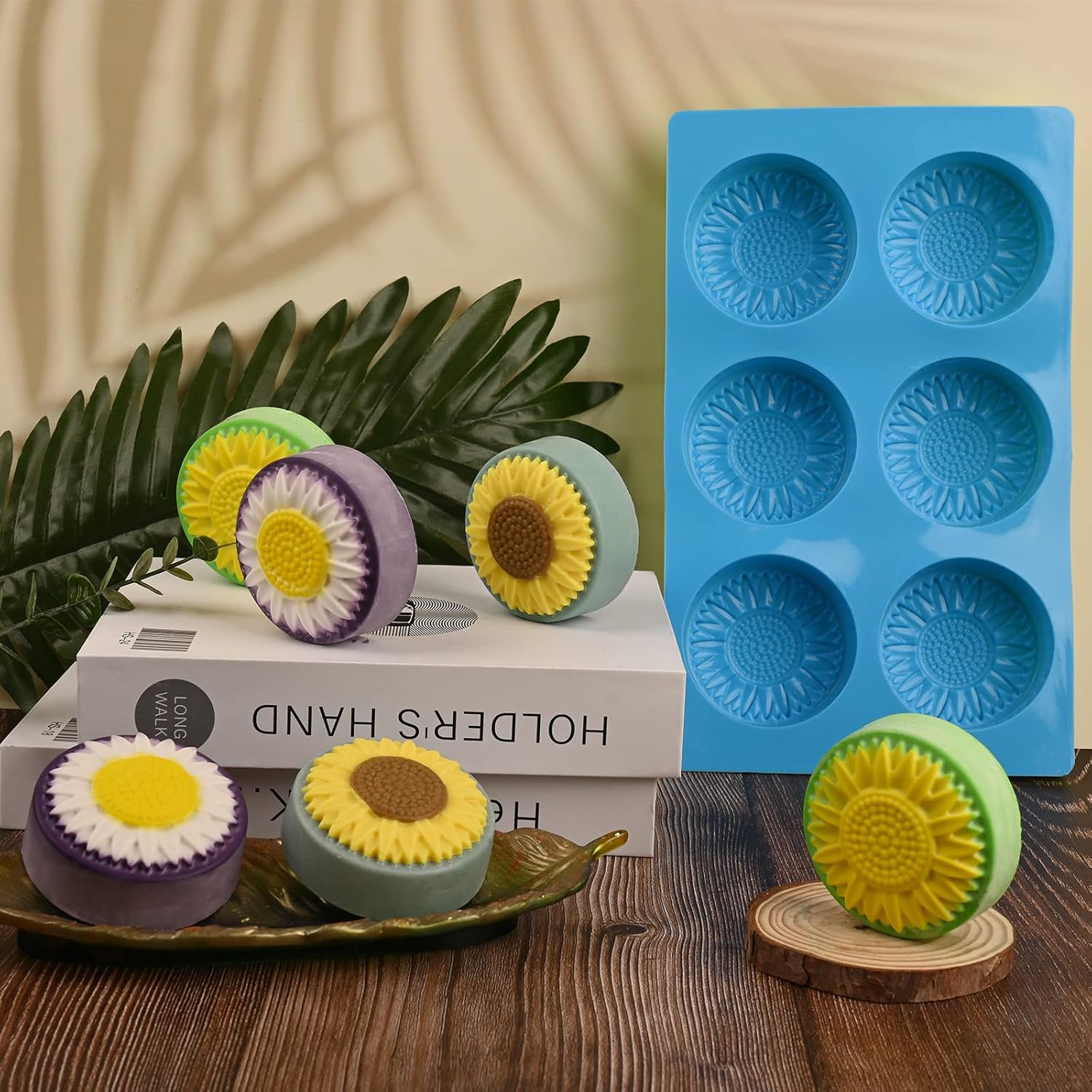 Actvty Round Sunflower Soap Molds, 2 Pack 6 Cavity Cylinder Daisy Flower Silicone Molds for Making Hot Chocolate Bomb, Cake, Jelly, Soap, Lotion Bars