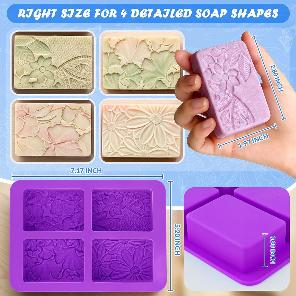 HKNMTT Silicone Square Rectangle Bar Molds Leaf Flower Pattern, 8 Cavities for Candy Soap Making Shower Steamer Homemade Bath Lotion Shampoo Bar DIY Set Non-stick Craft Food Grade 2 Pack