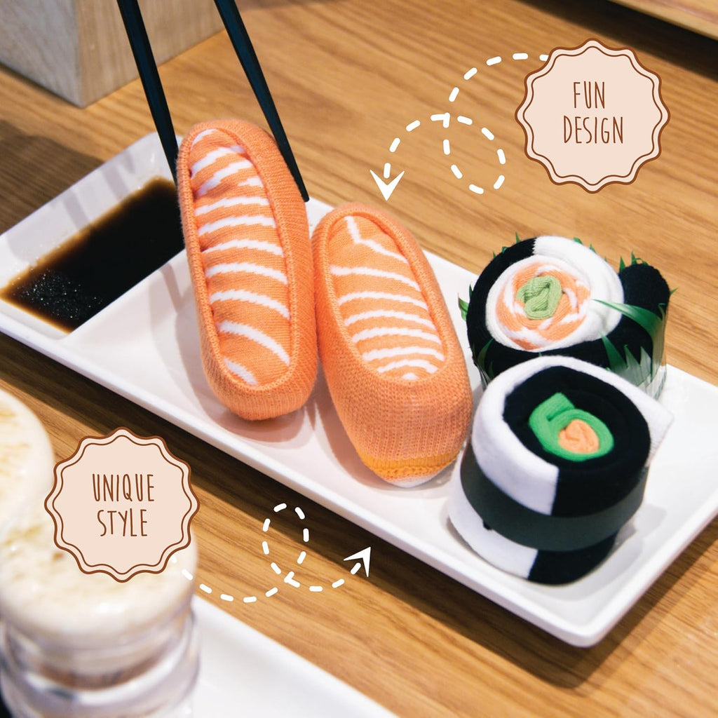 Sushi Socks in a Box– 2 or 3 Pairs, One Size Fits Most, Novelty Food Socks, Funny Sushi Gift. Sushi Socks for Women
