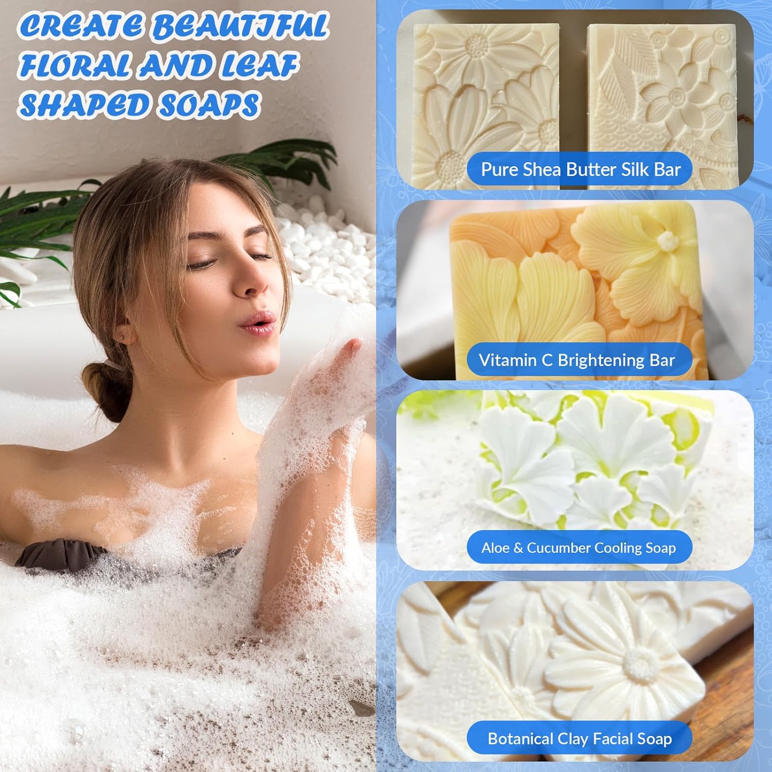HKNMTT Silicone Square Rectangle Bar Molds Leaf Flower Pattern, 8 Cavities for Candy Soap Making Shower Steamer Homemade Bath Lotion Shampoo Bar DIY Set Non-stick Craft Food Grade 2 Pack