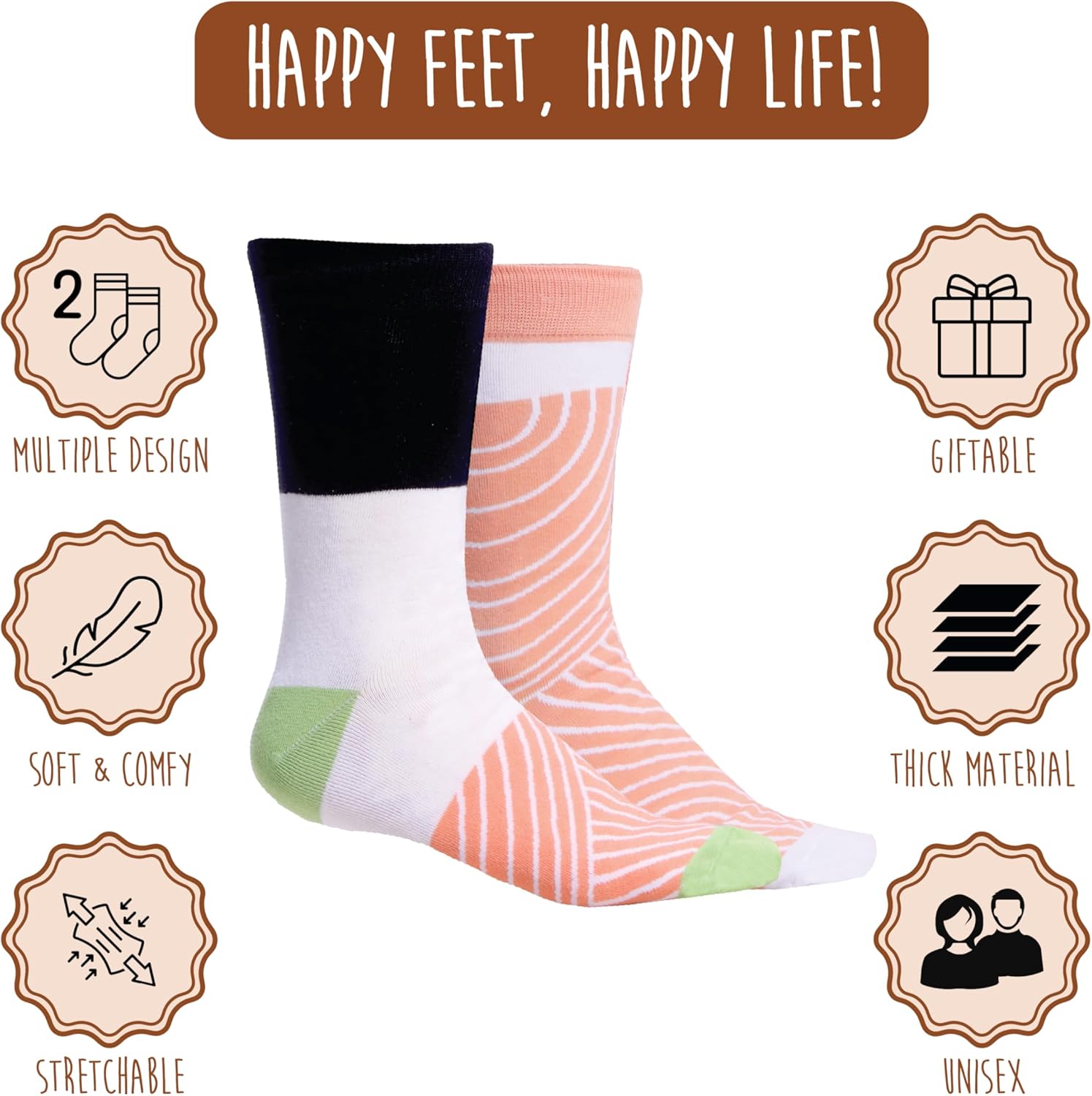 Sushi Socks in a Box– 2 or 3 Pairs, One Size Fits Most, Novelty Food Socks, Funny Sushi Gift. Sushi Socks for Women