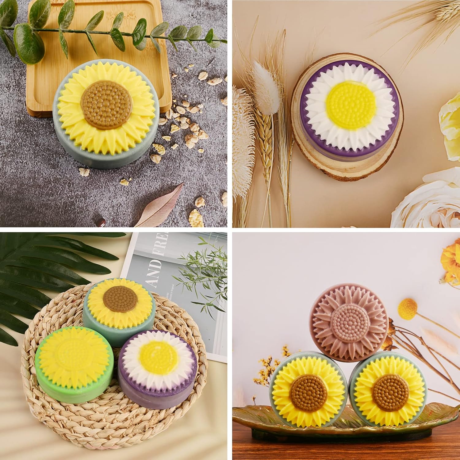 Actvty Round Sunflower Soap Molds, 2 Pack 6 Cavity Cylinder Daisy Flower Silicone Molds for Making Hot Chocolate Bomb, Cake, Jelly, Soap, Lotion Bars